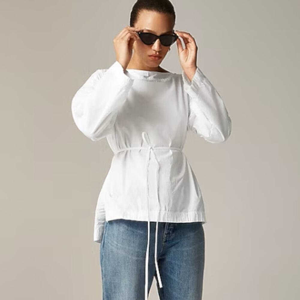 J.Crew Ciel Top WMNS M White Poplin Boatneck Side Button Waist Tie Long Sleeve